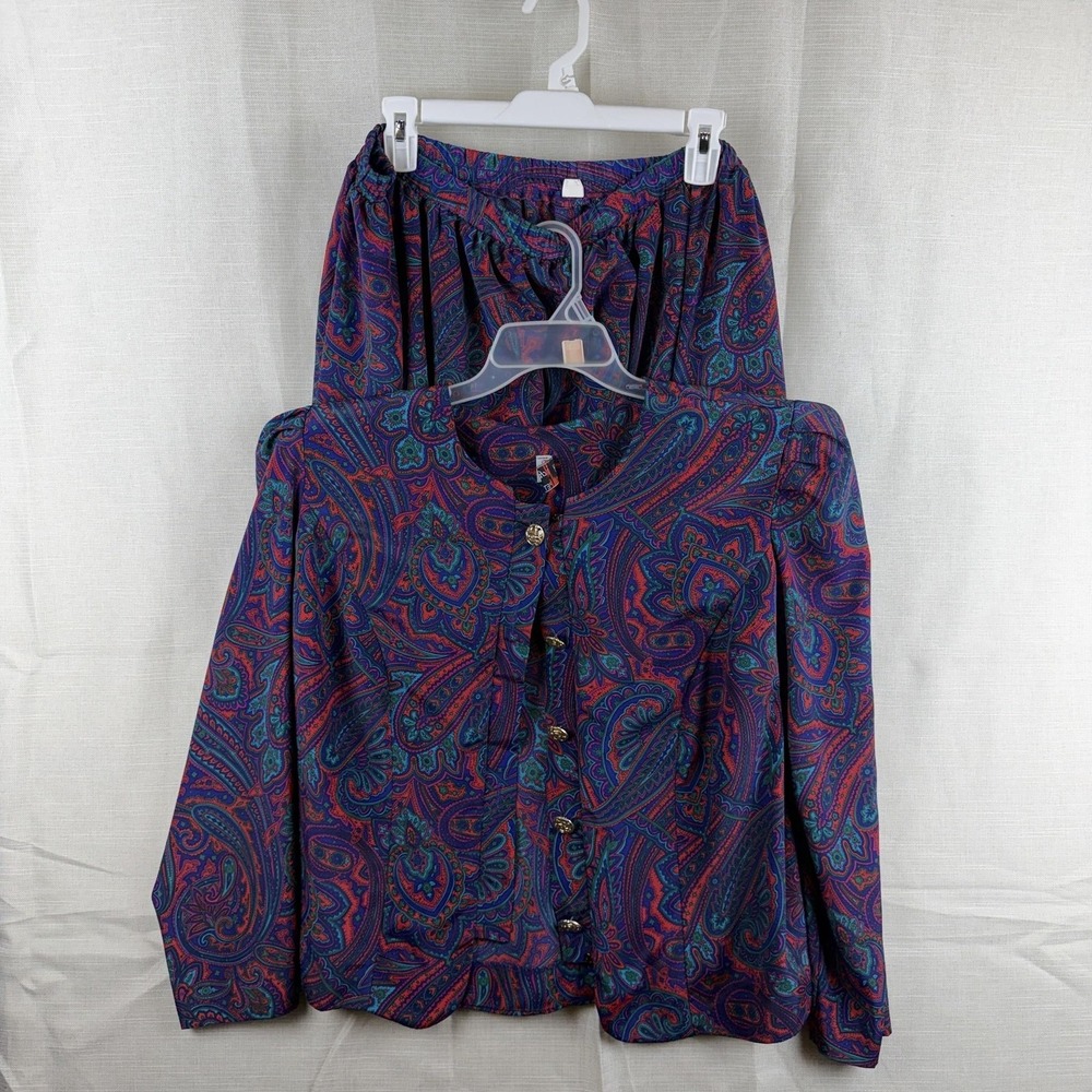 VTG Tracy Richards Shirt Skirt Set Womens Petite 18 Multicolor Paisley 2 Piece